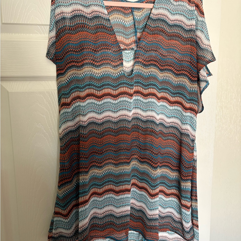 Wavy Stripe swimsuit coverup in Teal, Rust, White